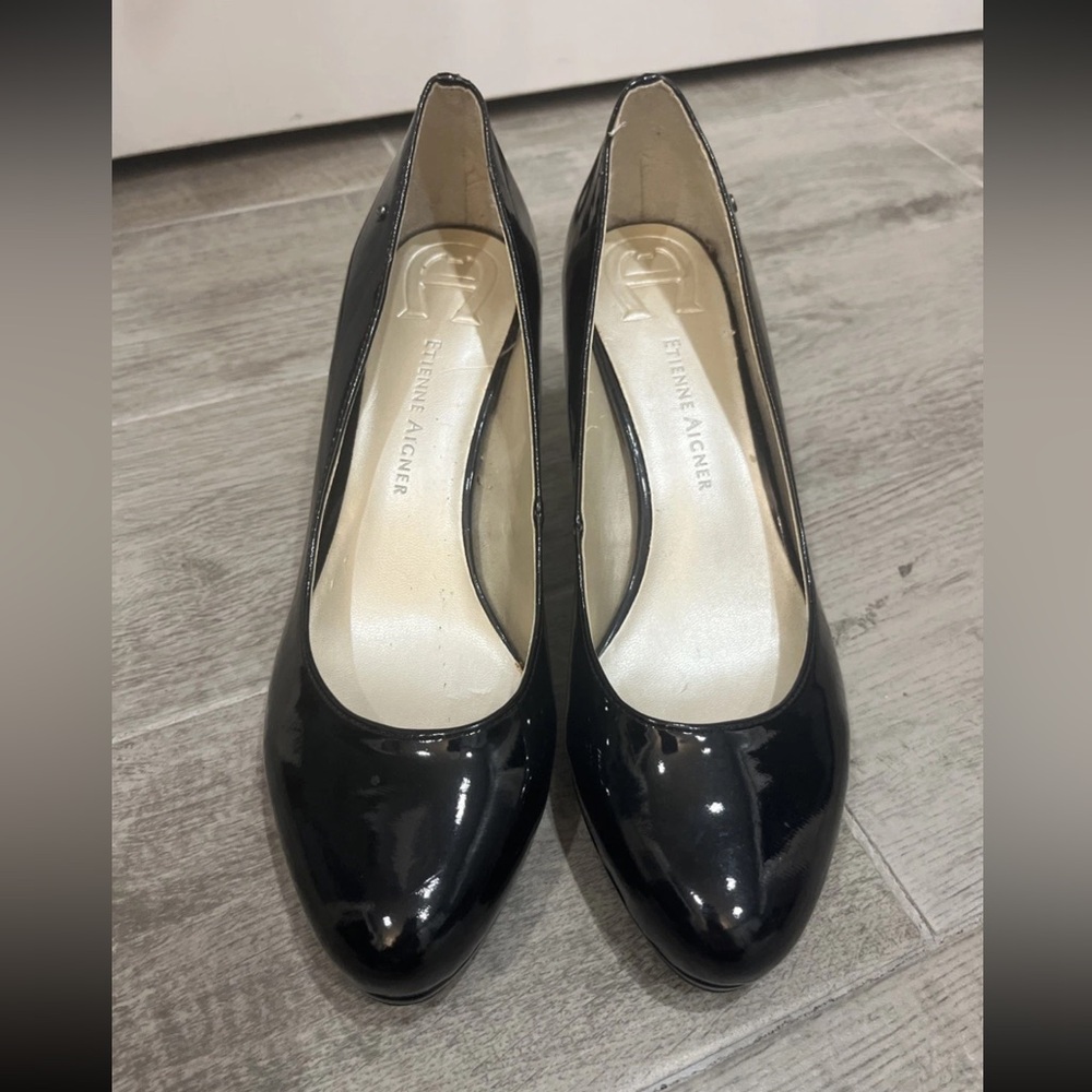 Etienne Aigner Women’s Drew Pumps Size 8 M Black‎ Patent Leather Slip-On Heels - Picture 2 of 11